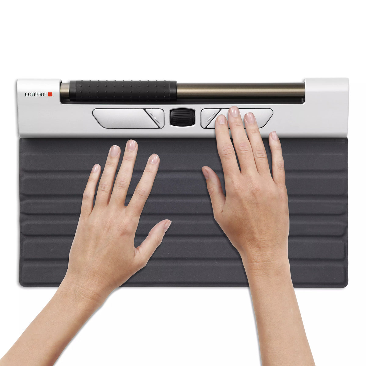 Hands typing either side of a RollerMouse Red wireless on a grey mat