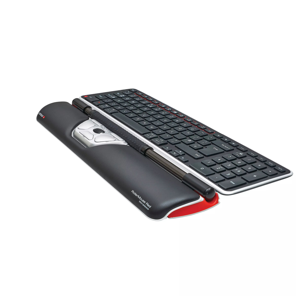 RollerMouse Red wireless with a keyboard positioned above the rollerbar
