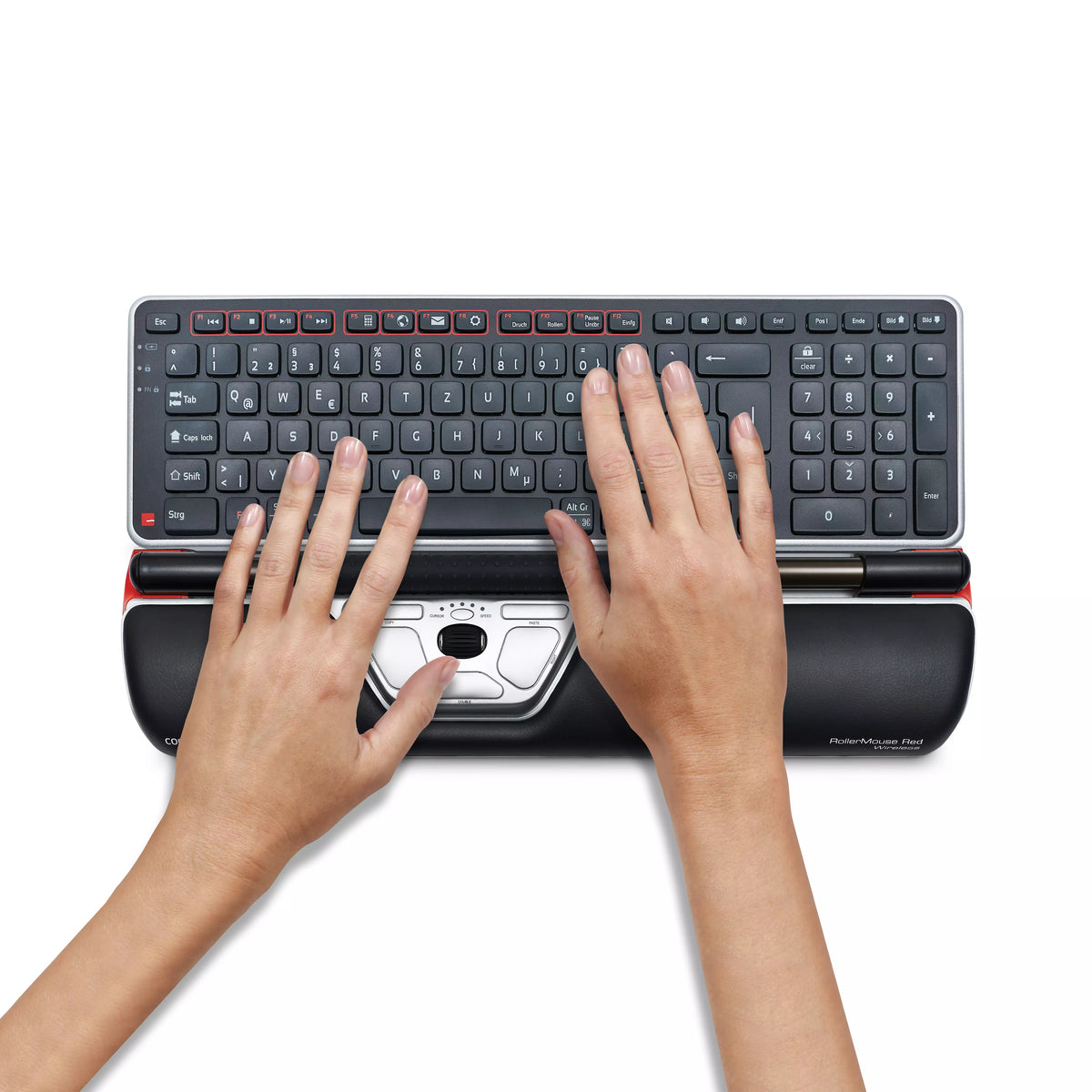 Hands resting on a RollerMouse Red wireless with the rollerbar between them