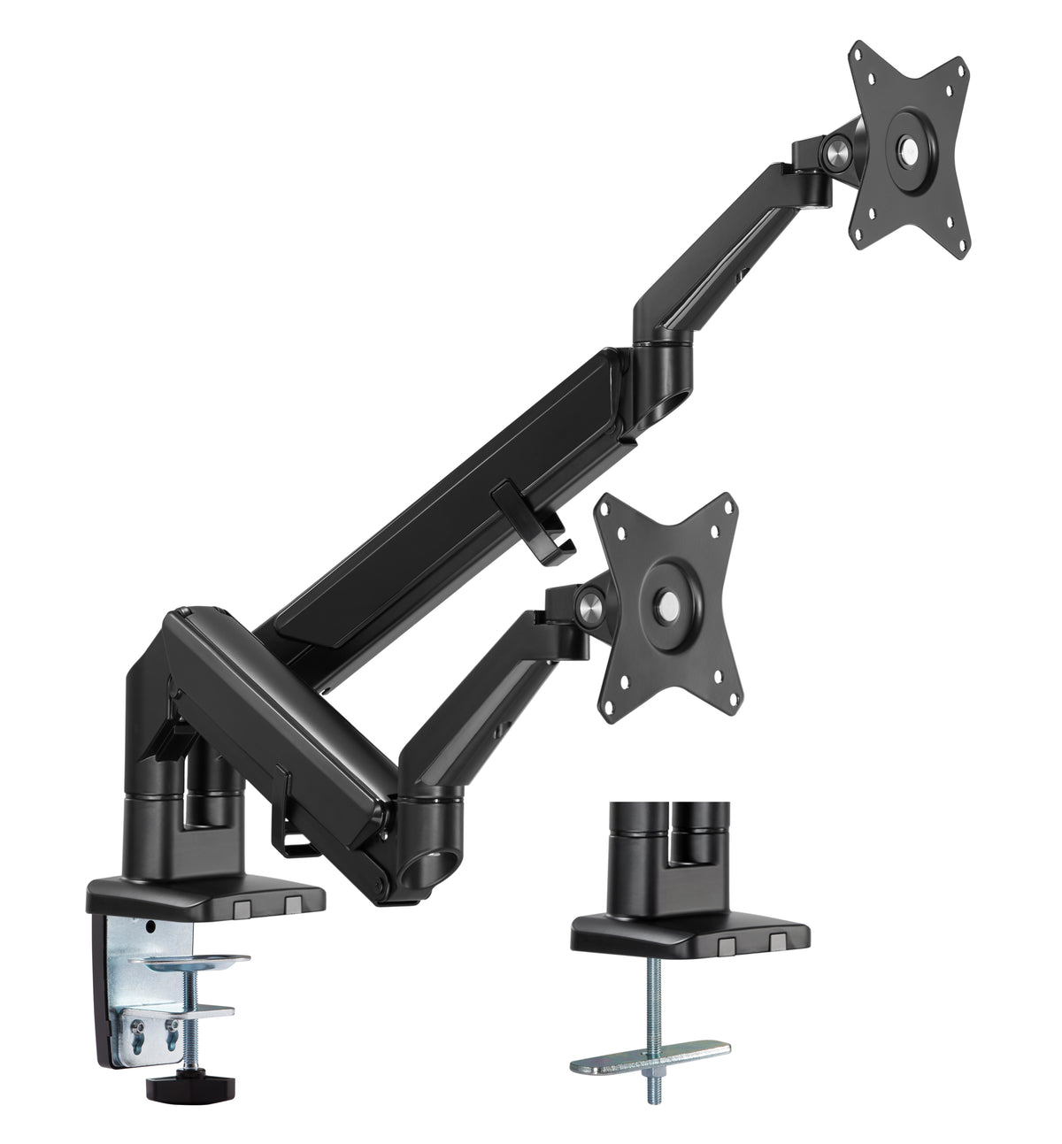 Black dual monitor arm with gas spring and desk clamp, shown without monitors