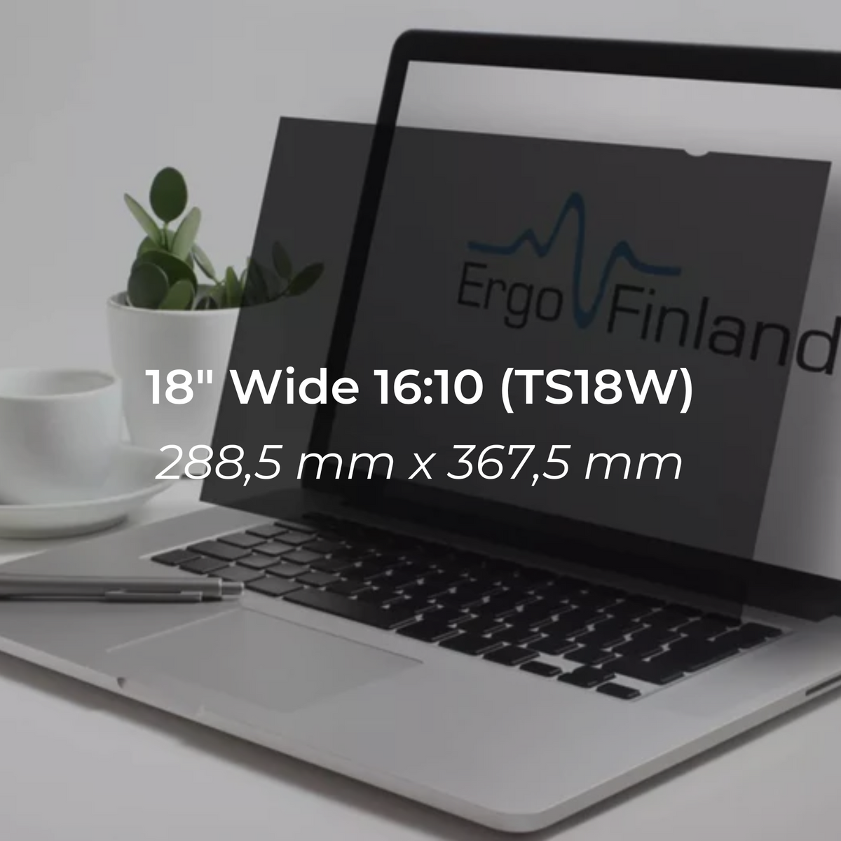 Product graphic for the 18 inch 16:10 privacy filter showing its dimensions