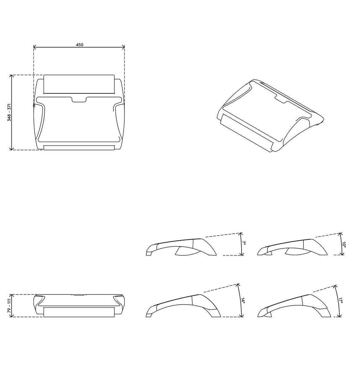 Technical drawings of the adjustable Ergo Basic foot support and its positions