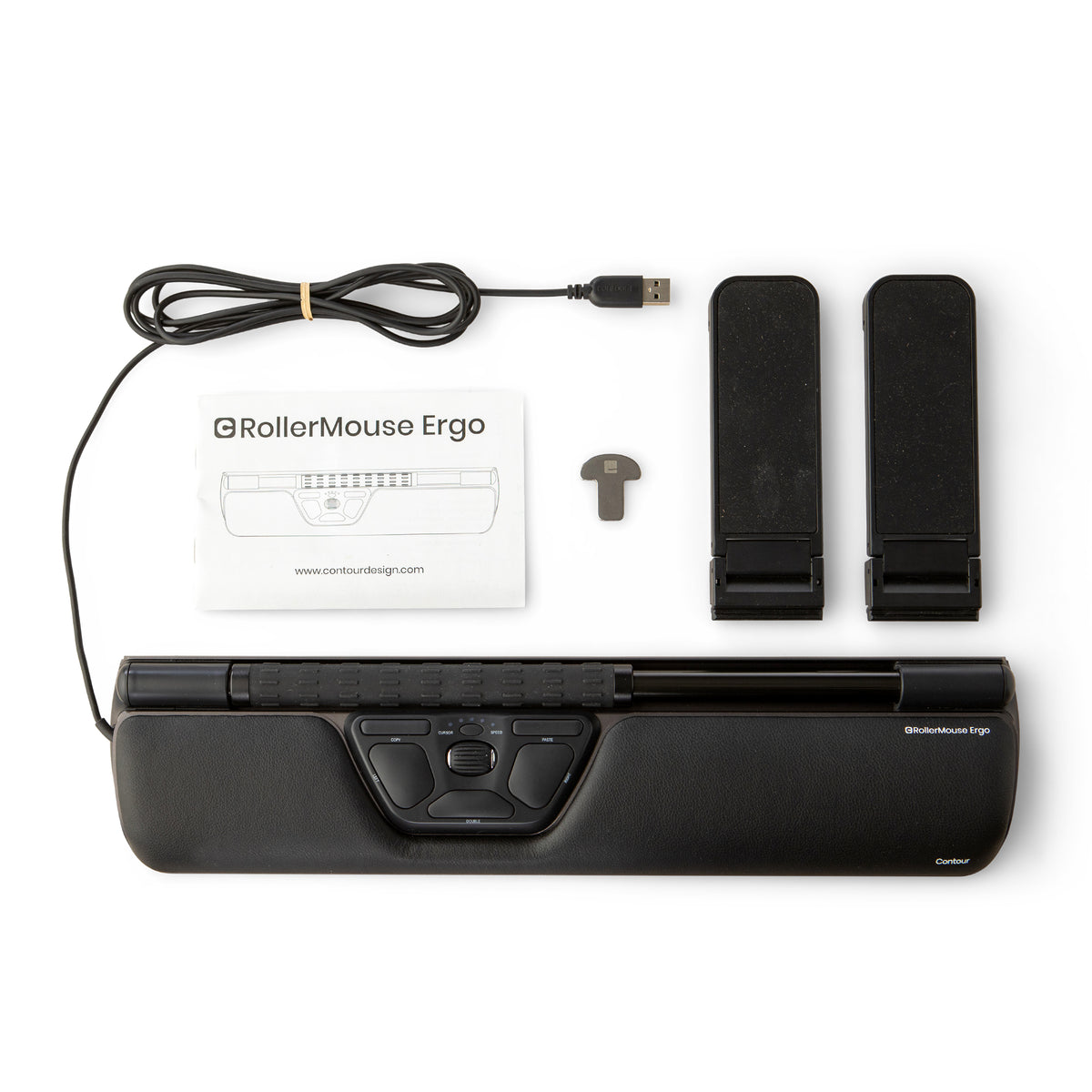 RollerMouse Ergo shown with its wrist rest pads and documentation