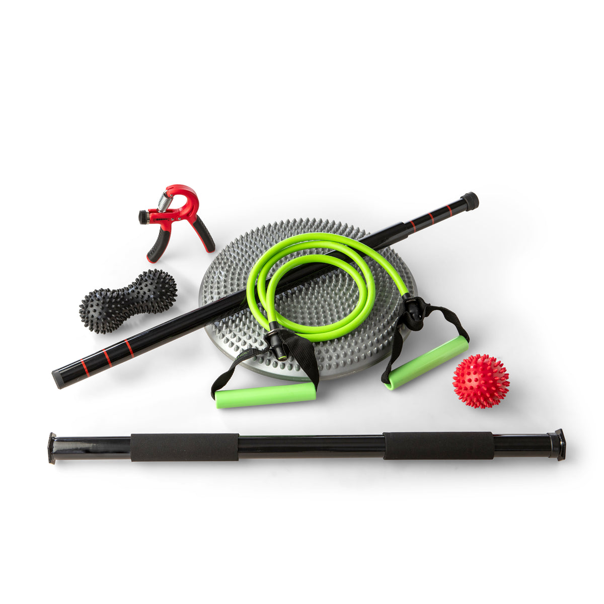 Break exercise package 4 laid out with resistance bands, massage balls and a bar