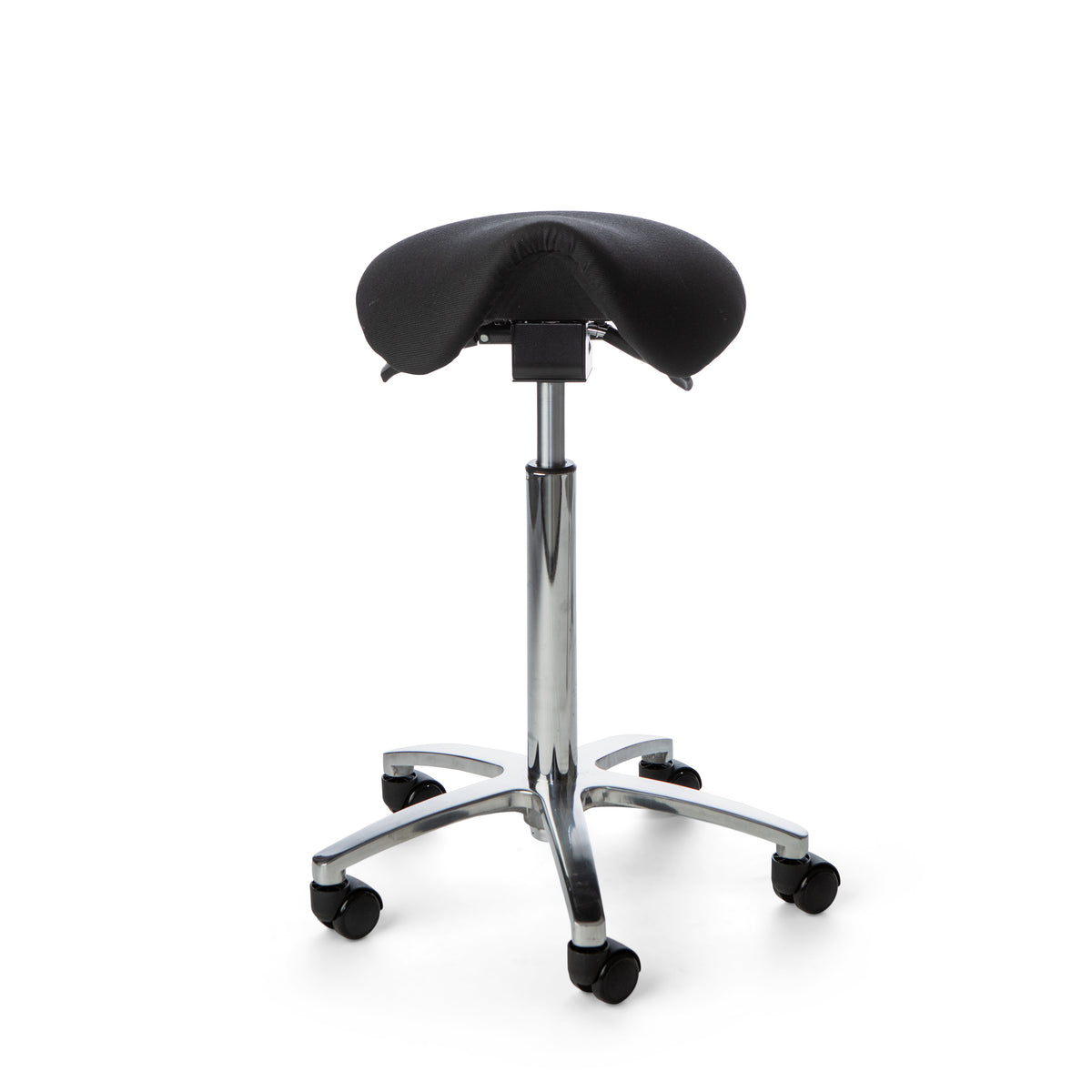 Matilda saddle chair viewed from the front, showing the contoured saddle seat