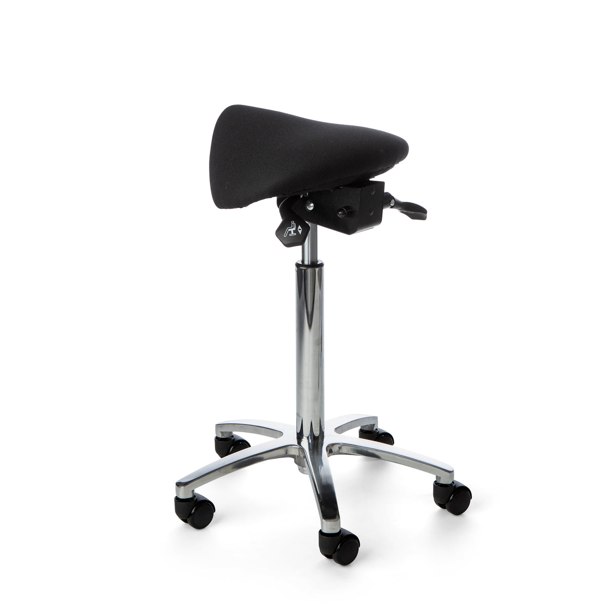 Matilda saddle chair seen from the side, showing the gas lift and castor base