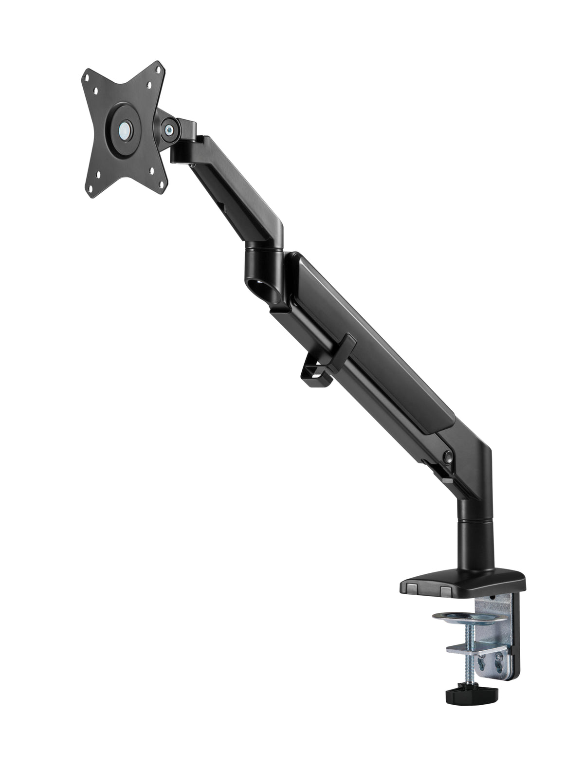 Black LCD monitor arm with the arm folded and plate turned to the side