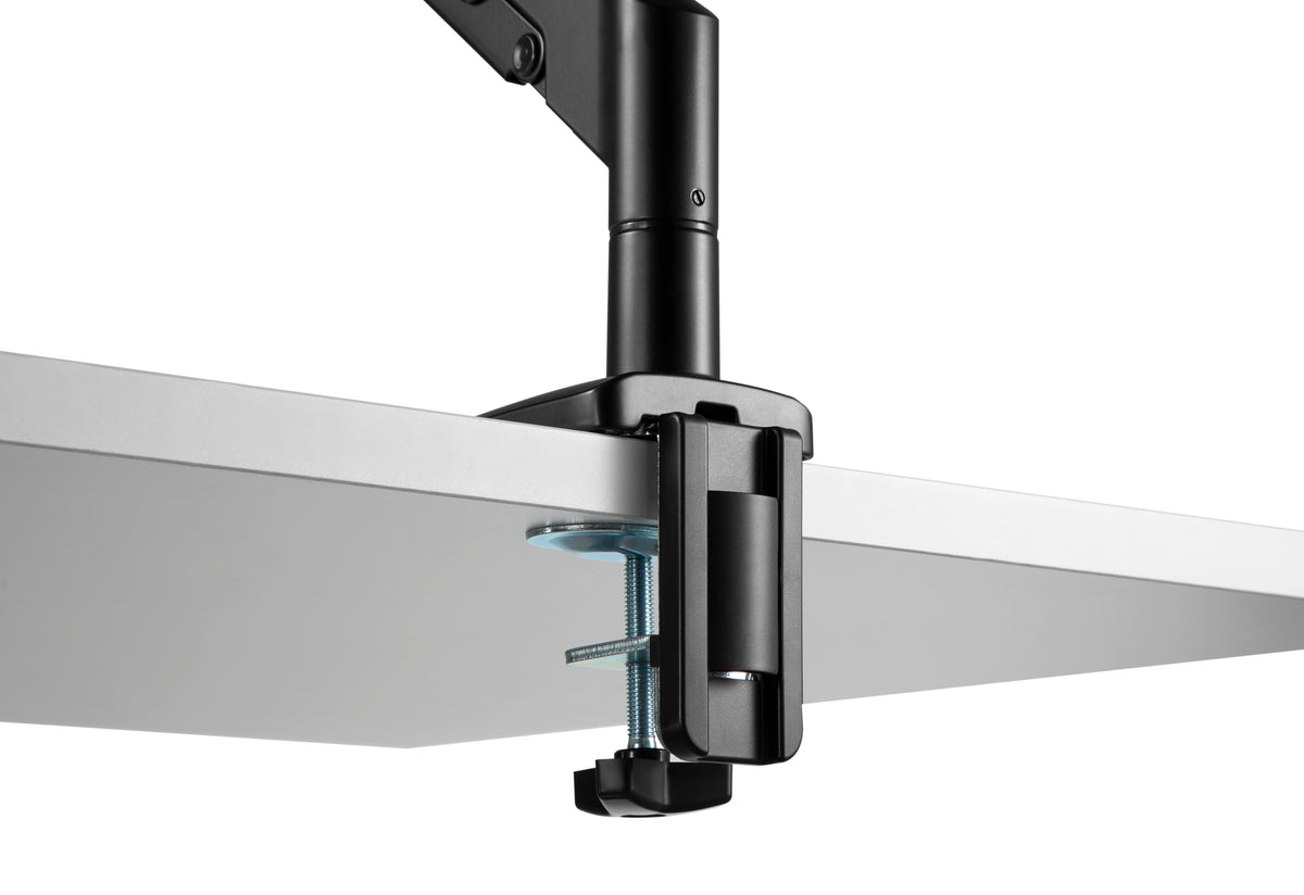 Underside view of the LCD monitor arm desk clamp fitted to a desk edge