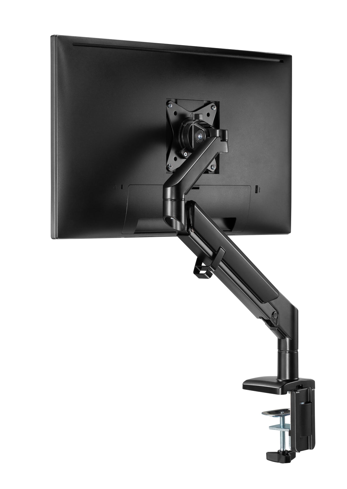 Monitor mounted on a black gas spring LCD monitor arm