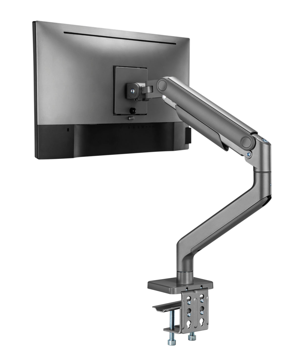 Monitor mounted on a dark grey heavy duty gas spring arm with desk clamp