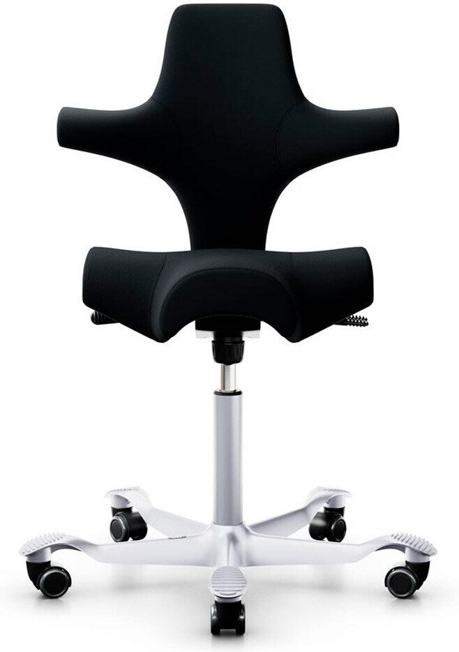 Capisco chair with 265 mm gas spring and black fabric saddle seat on a white base