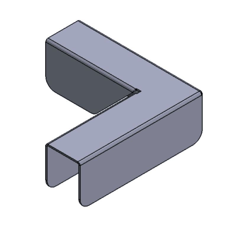 Three-dimensional drawing of a corner floor screen connector in silver grey