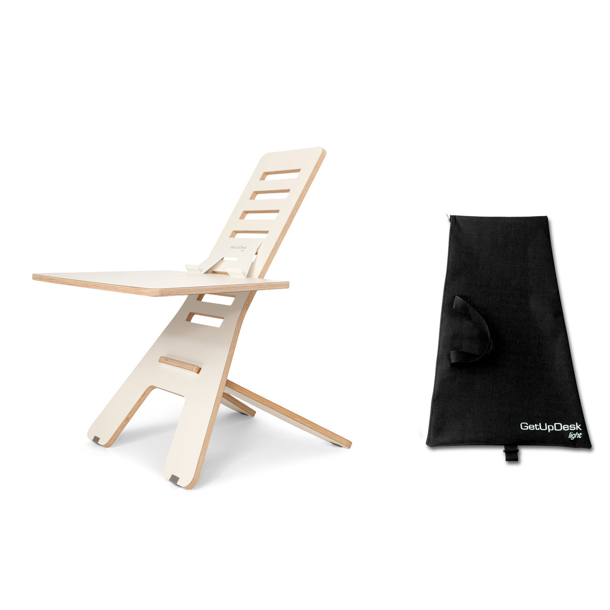 GetUpDesk Light adjustable wooden laptop stand shown beside its black desk mat