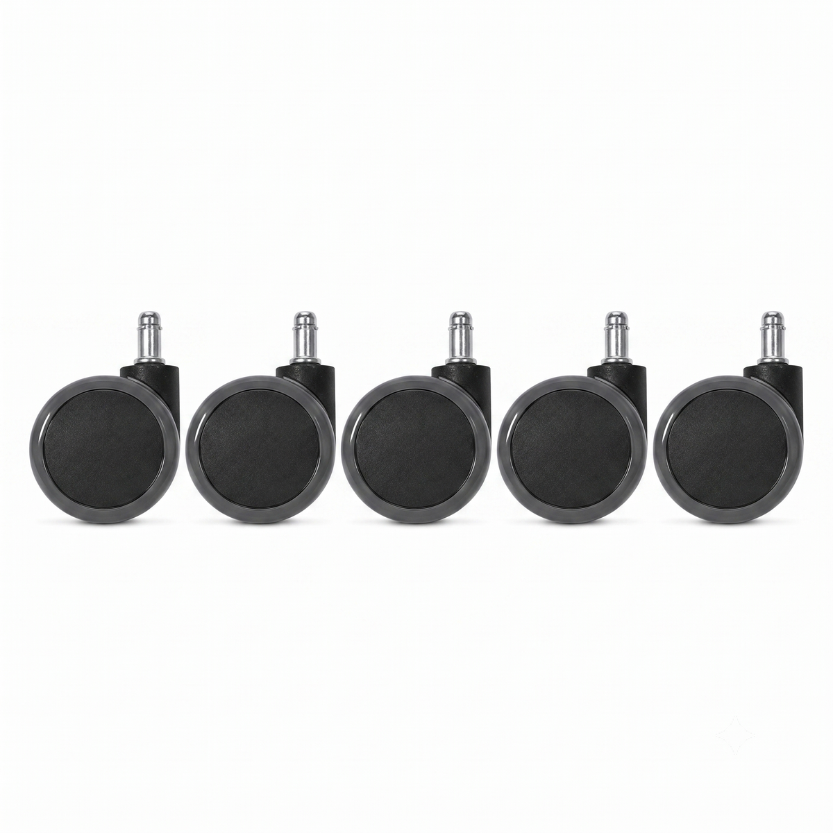 Set of five black office chair casters with 60 mm soft-tread wheels, lined up side by side