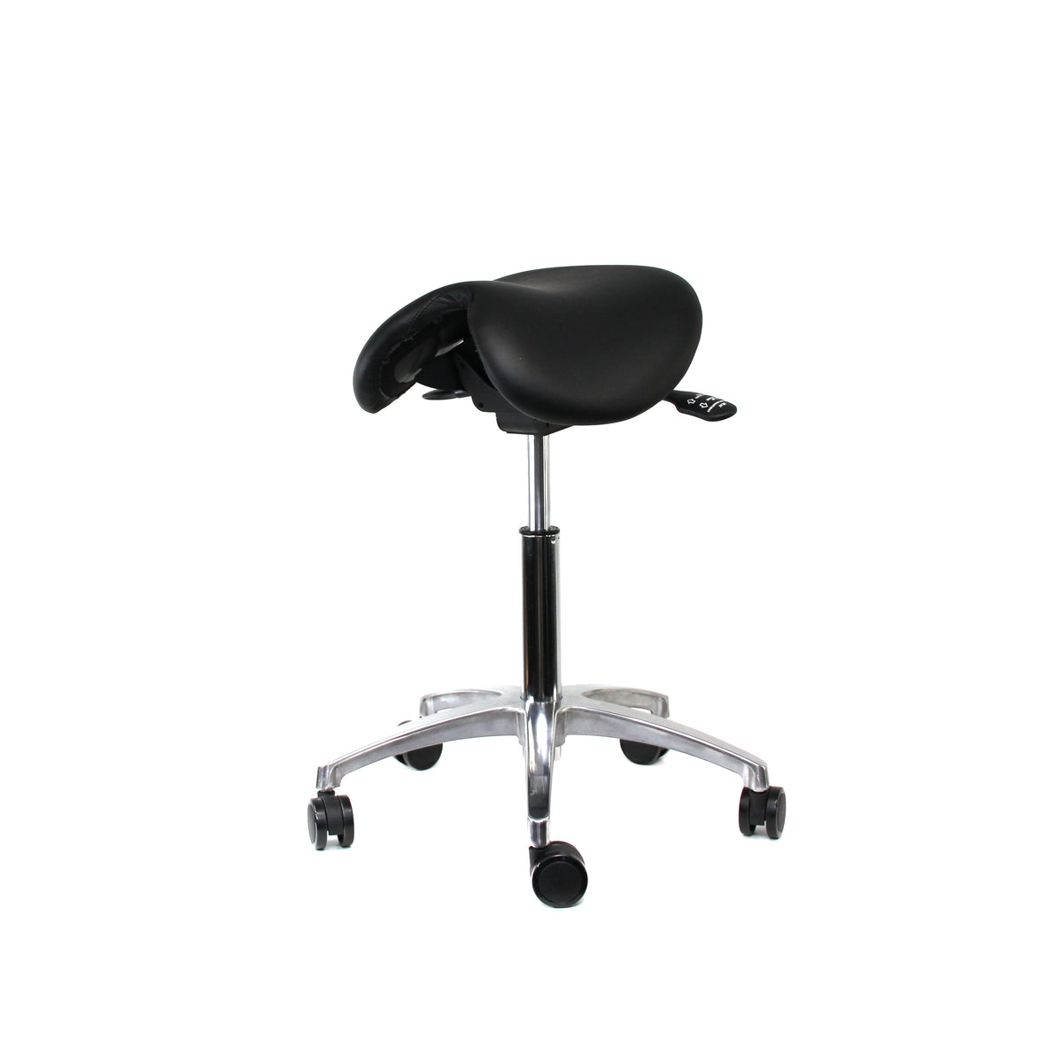 Sofia saddle chair in genuine black leather on a polished five-star castor base
