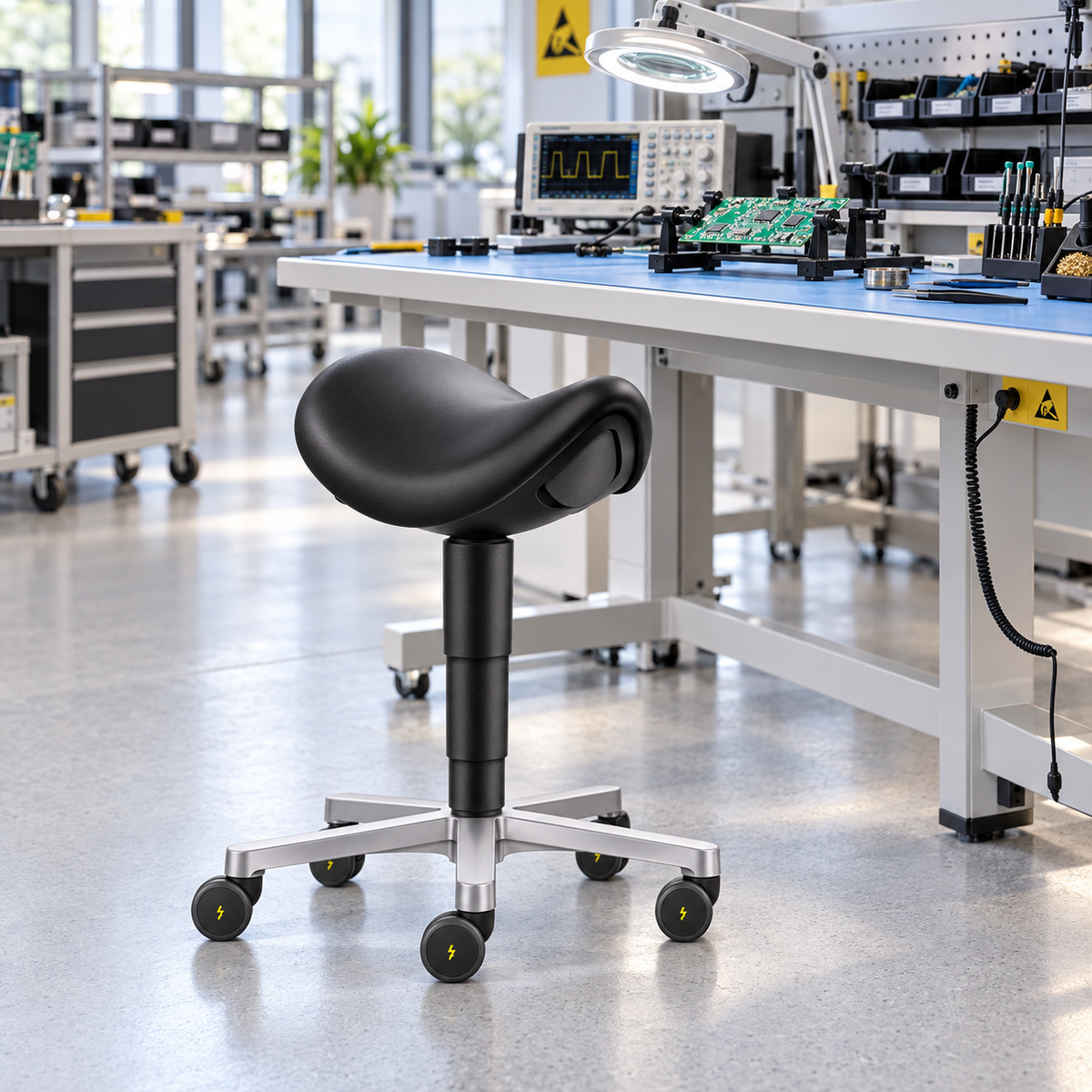ESD Stool saddle chair, black artificial leather