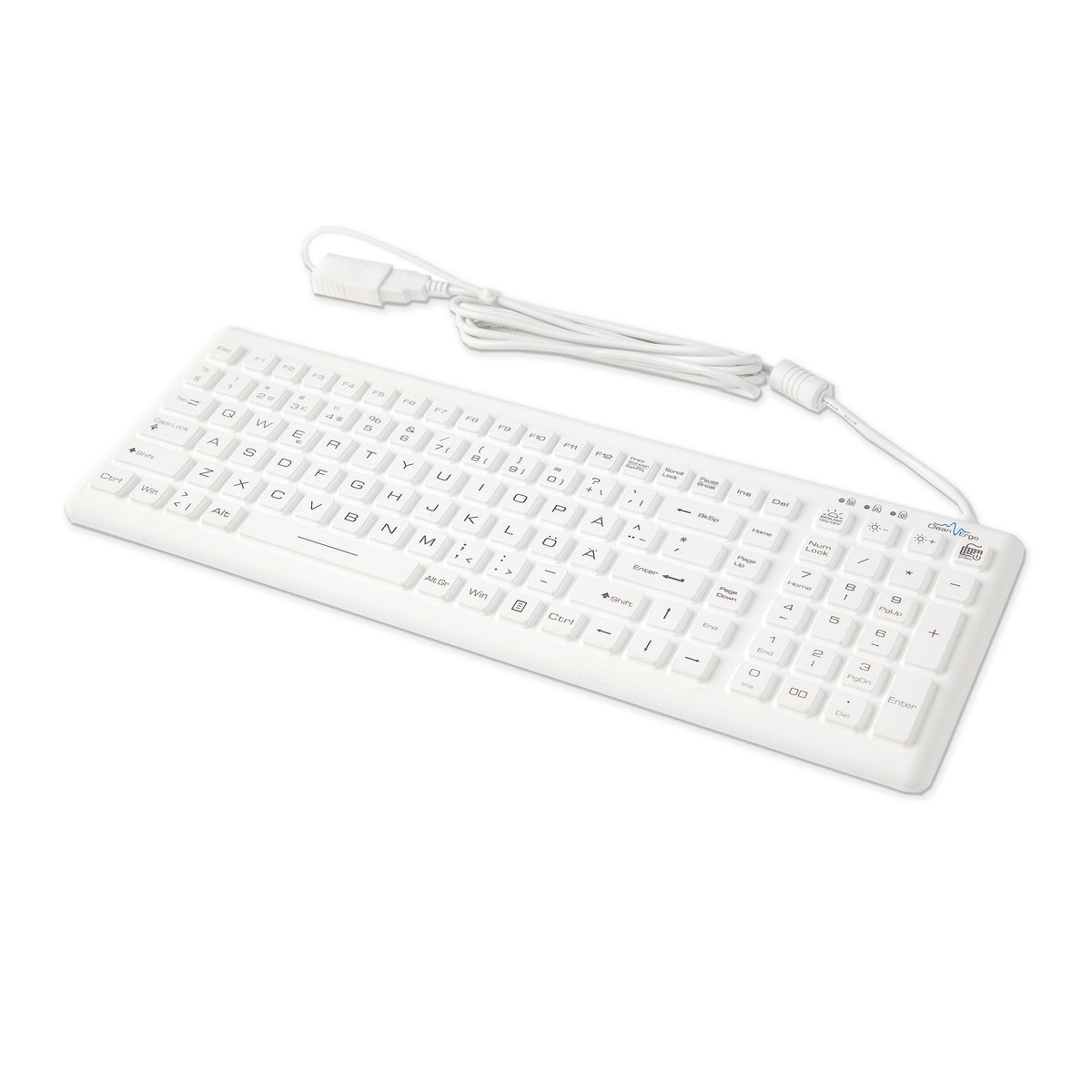 Wired white medical keyboard shown with its cable