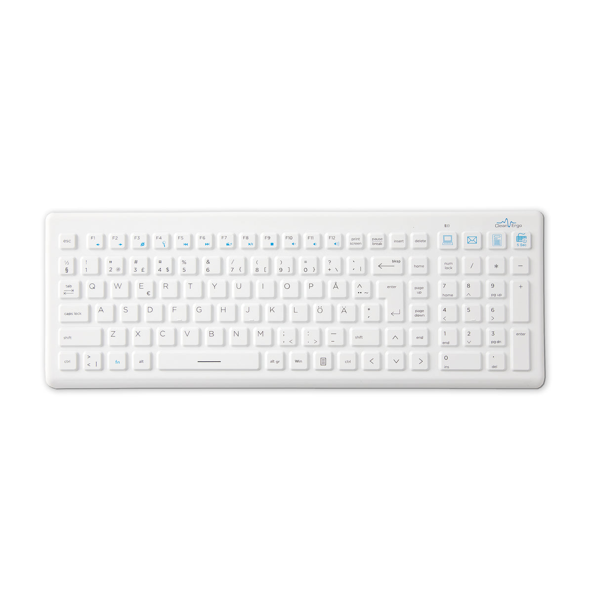 White medical keyboard viewed at an angle, showing the sealed key surface