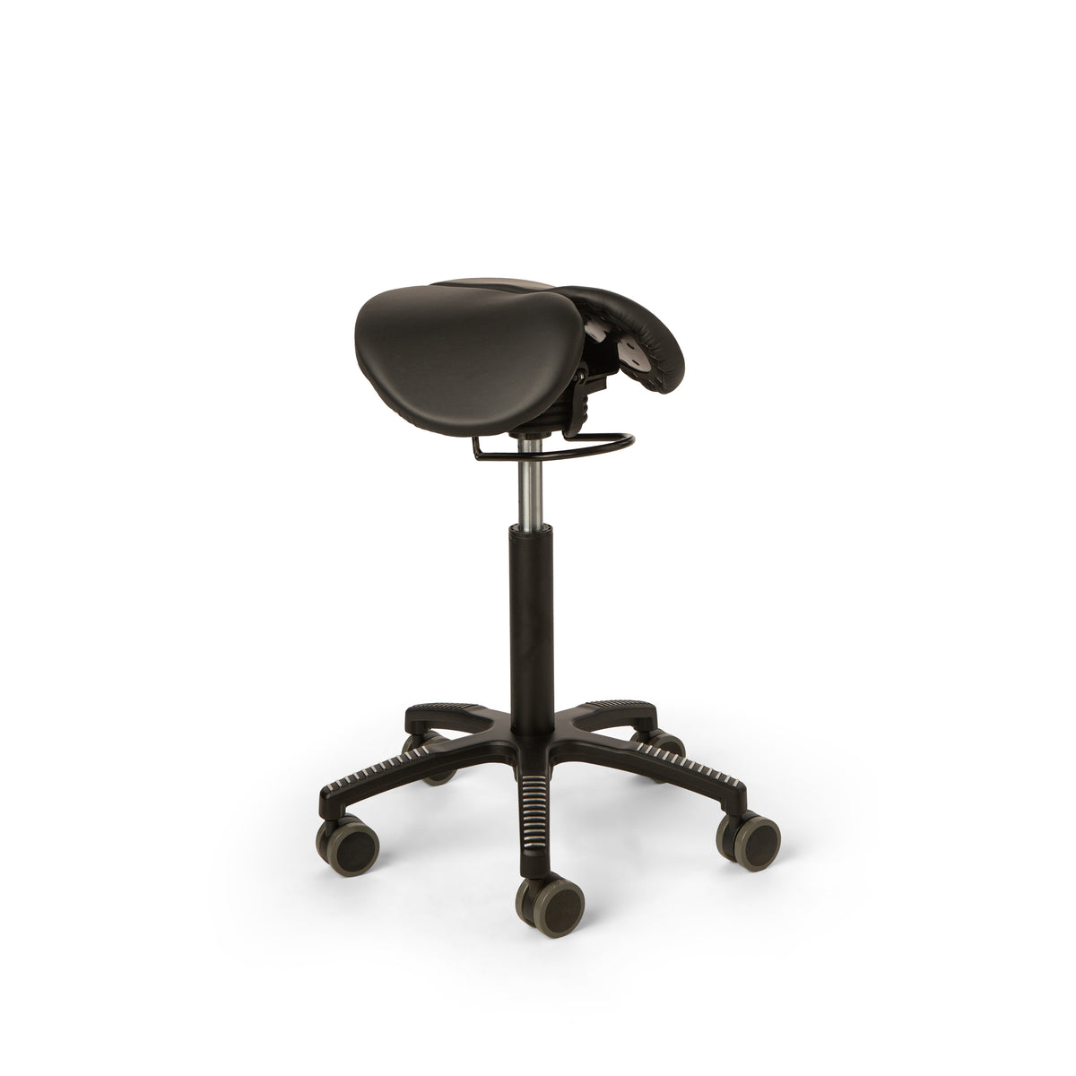 Core Split Swing saddle chair in black leather seen from above at an angle
