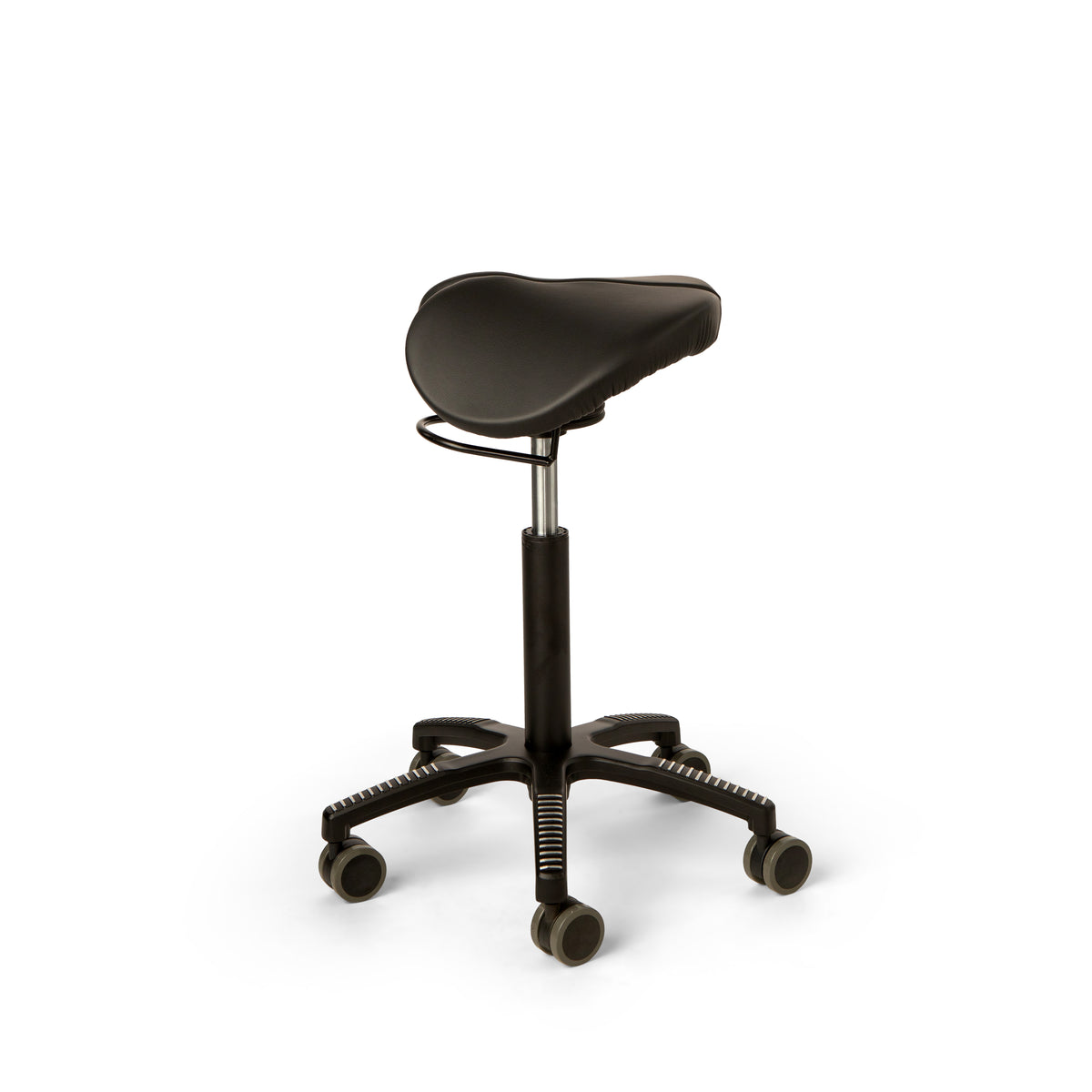 Core Split Swing saddle chair in black leather shown from the rear at an angle