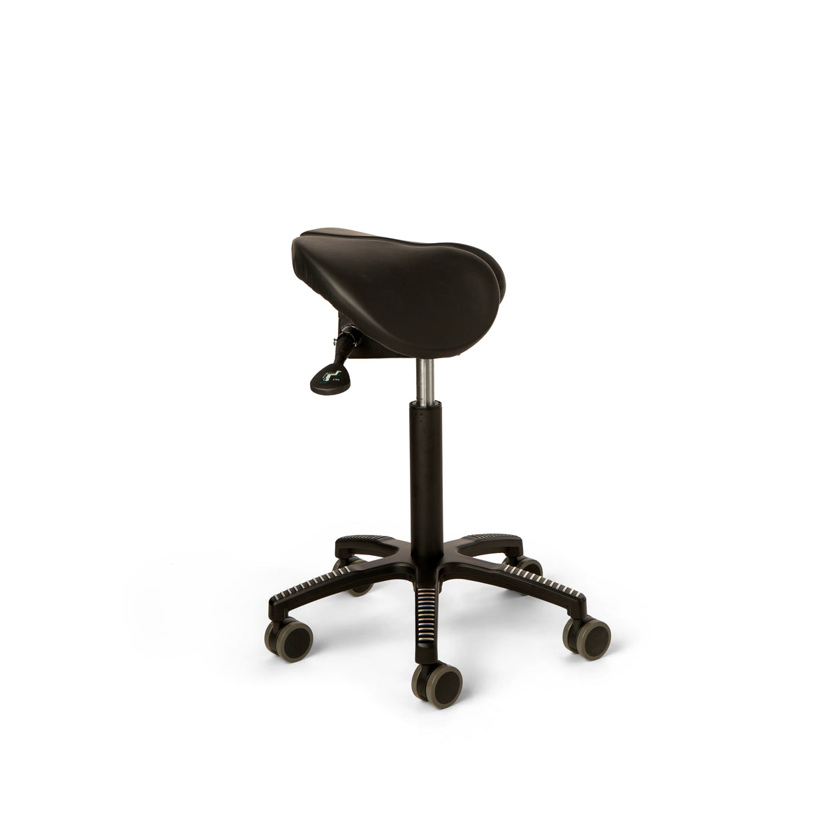 Core Split Tilt saddle chair in black leather viewed from the side
