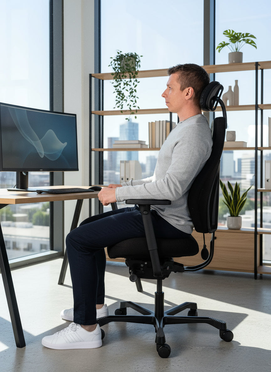 Man working at a desk on a Josefin office chair in a bright office