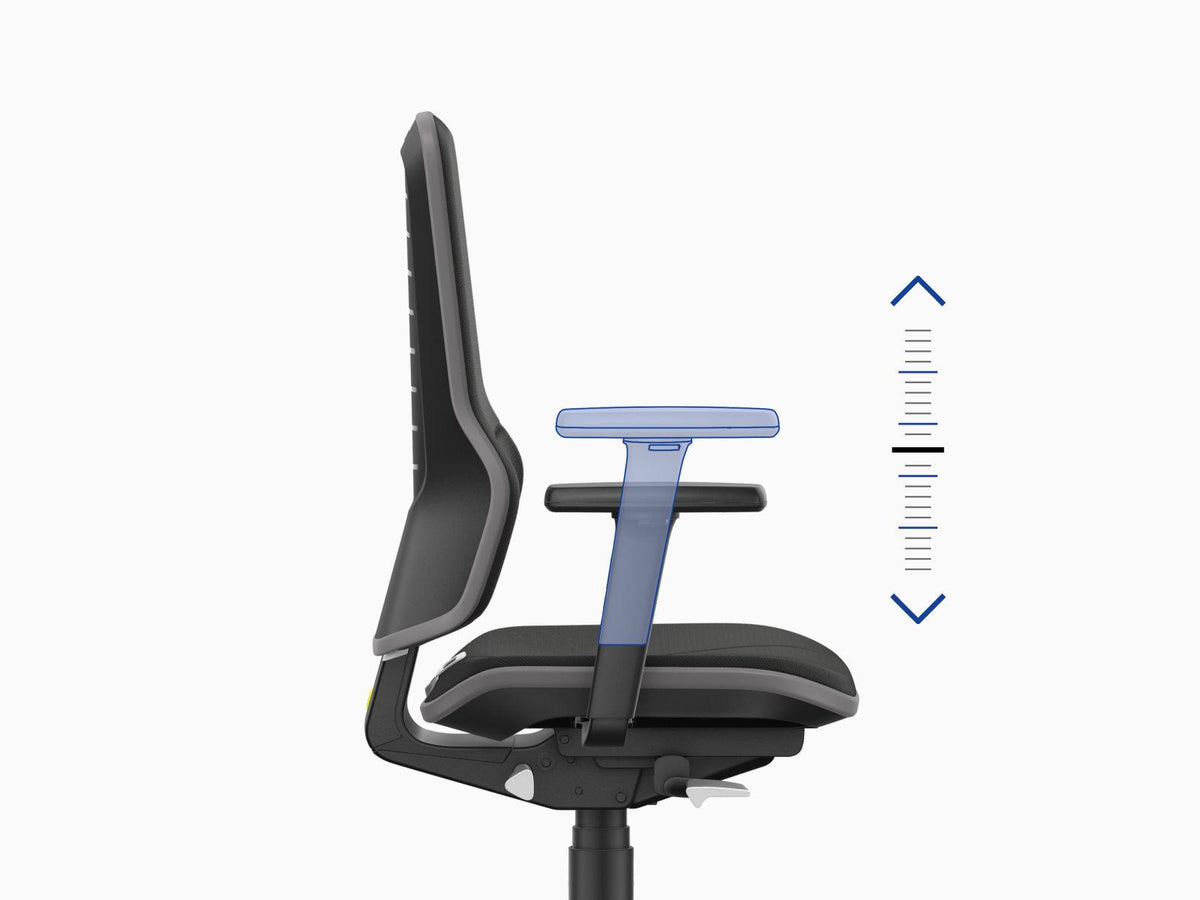 Neon 2 ESD work chair with arrows showing the armrest height adjustment