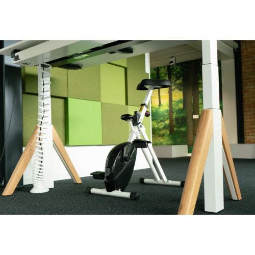 ErgoDeskBike set up in a bright office with green wall panels