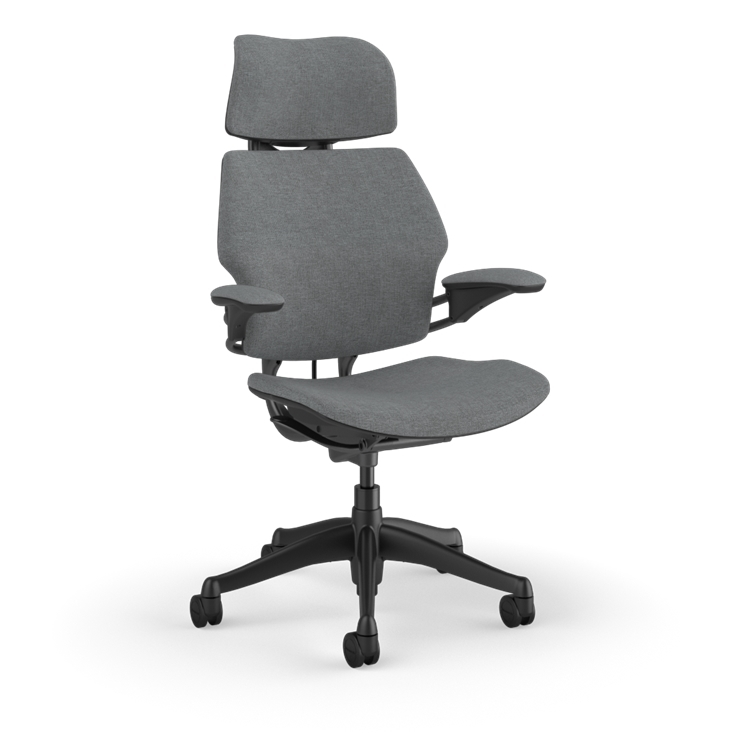 Humanscale Freedom Task Chair with headrest, grey Kvadrat fabric, ergonomic design for optimal comfort support.
