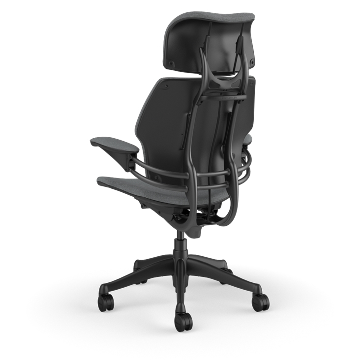 Humanscale Freedom Task Chair with headrest in grey Kvadrat fabric, showcasing ergonomic design and support features.