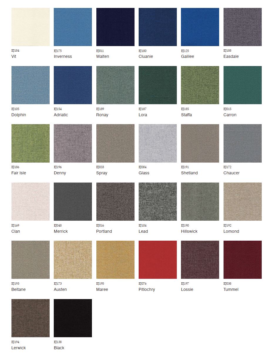 Colour chart showing the upholstery fabric options for the Focus modular three-seater sofa