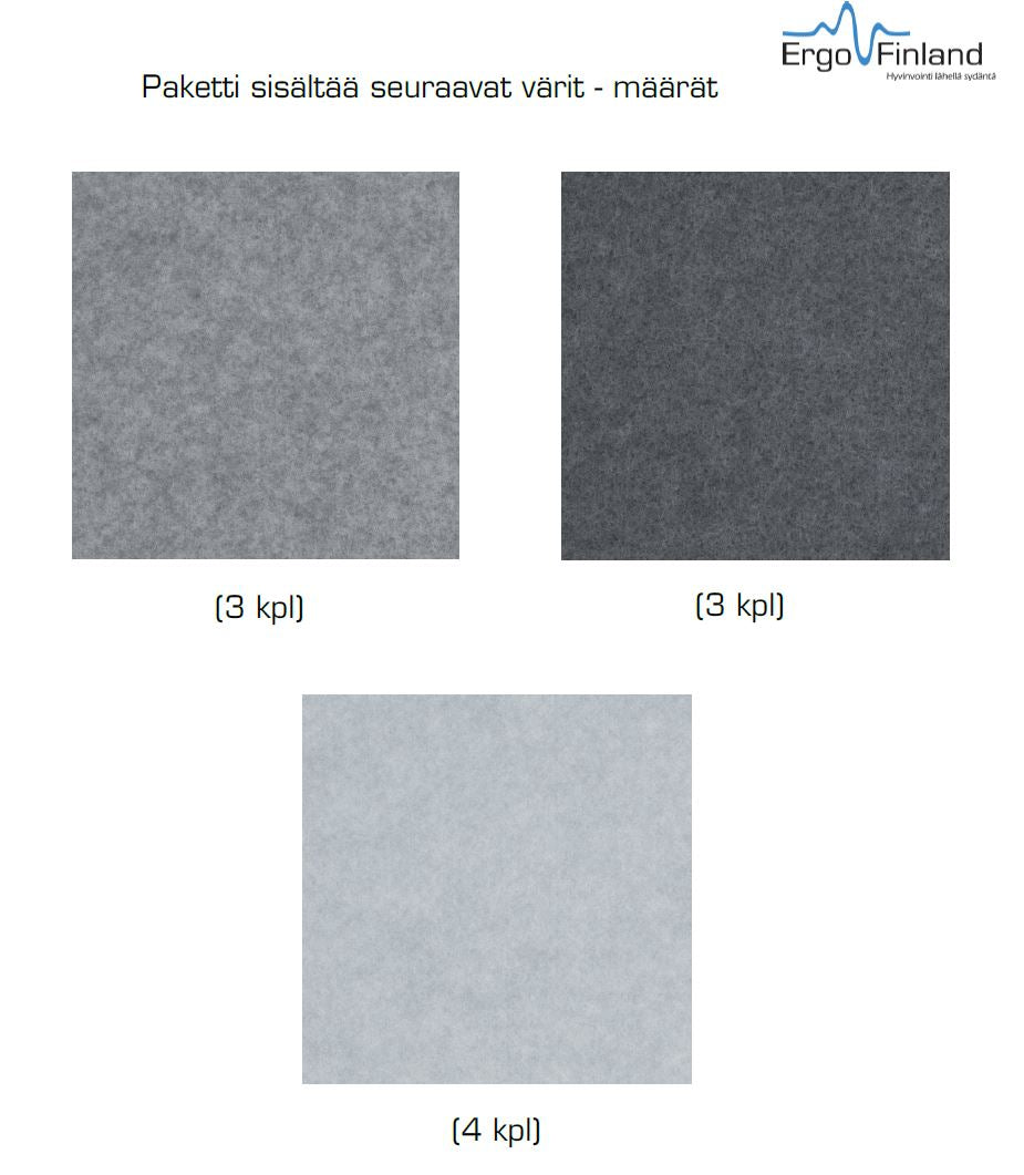 Colour chart showing the grey fabric shades included with Focus Hexagon acoustic panels