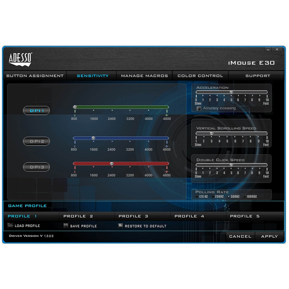 Screenshot of the iMouse E30 configuration software showing button assignments