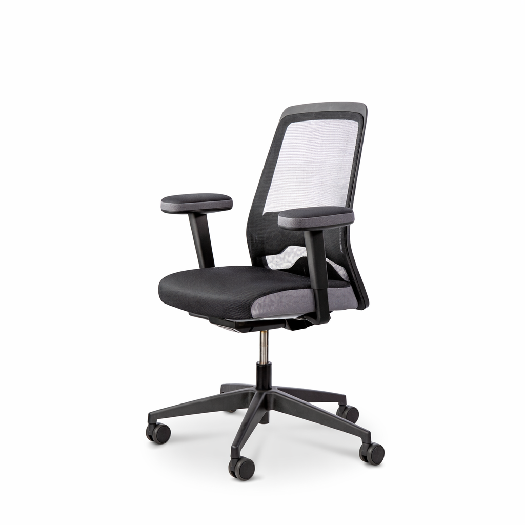 Mesh-backed office chair fitted with grey armrest cushions