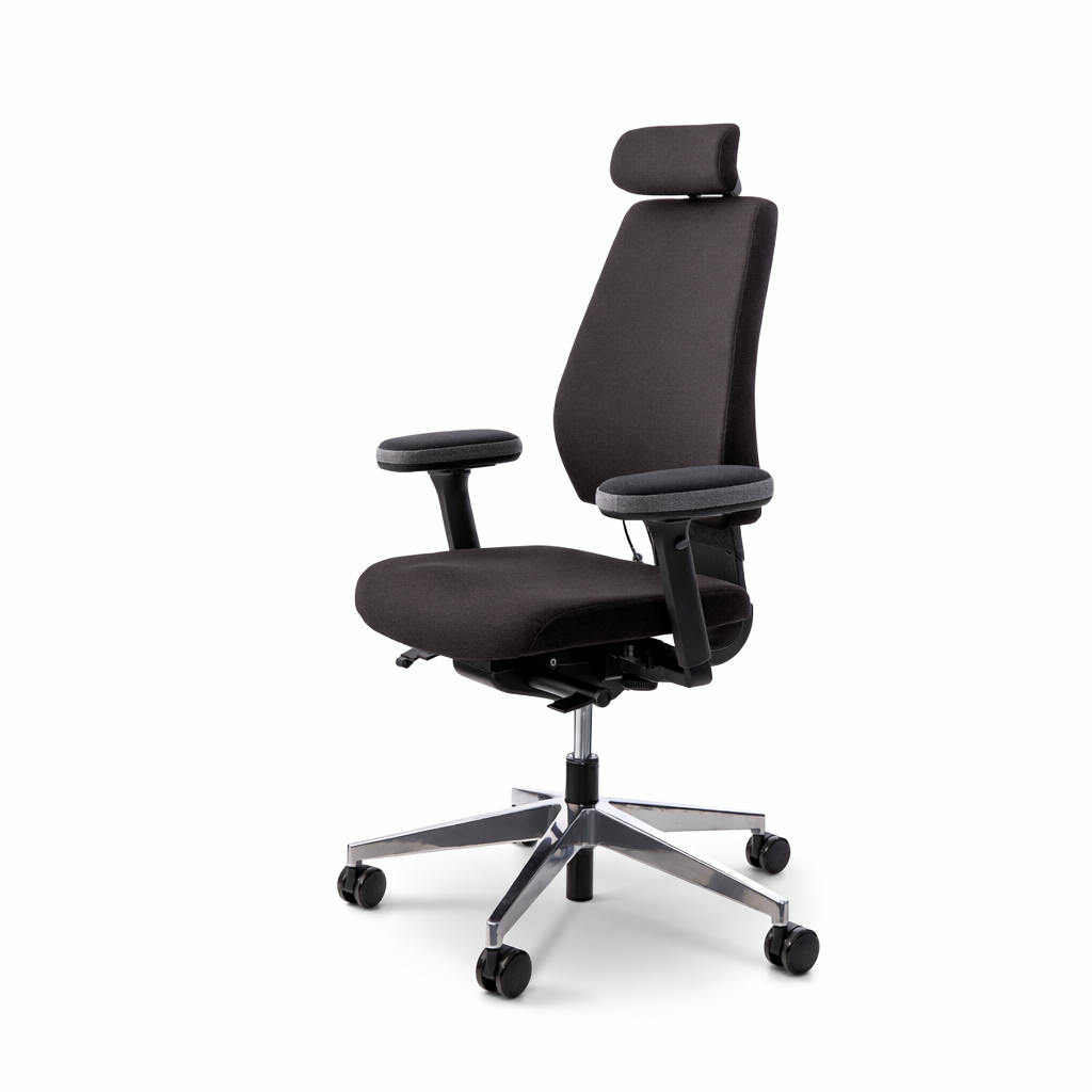 Office chair with headrest fitted with grey armrest cushions, viewed at an angle