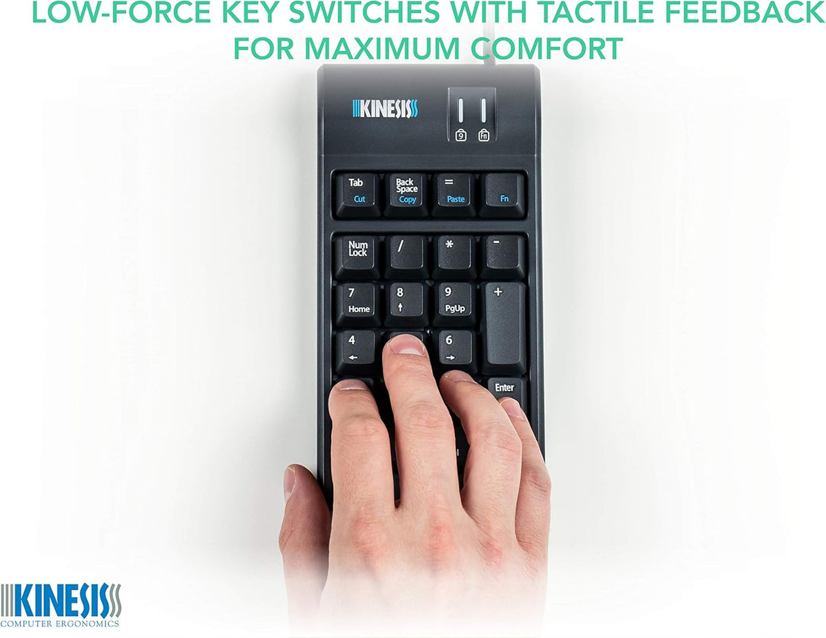Product graphic showing a hand on the Freestyle2 keypad, highlighting low force key switches