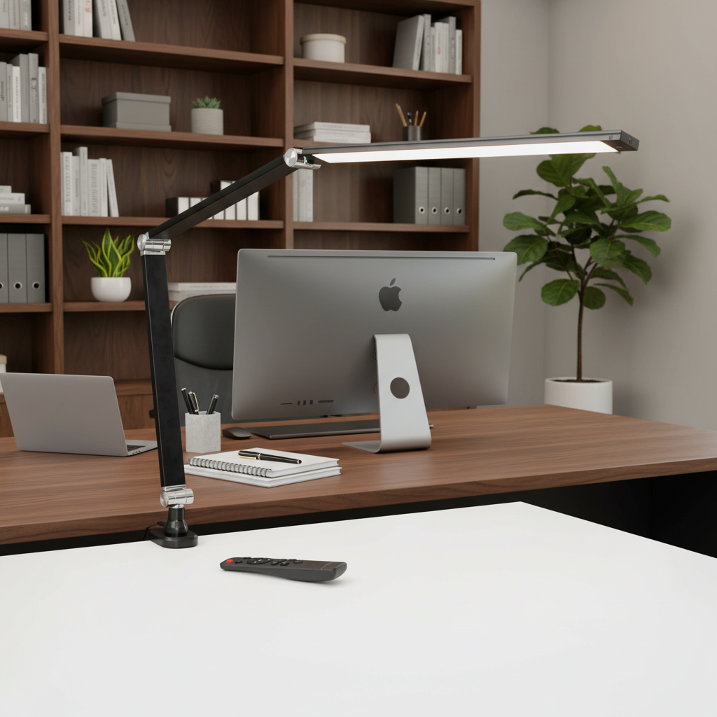 Black Link LED desk lamp clamped to a white desk with its remote, in an office with bookshelves