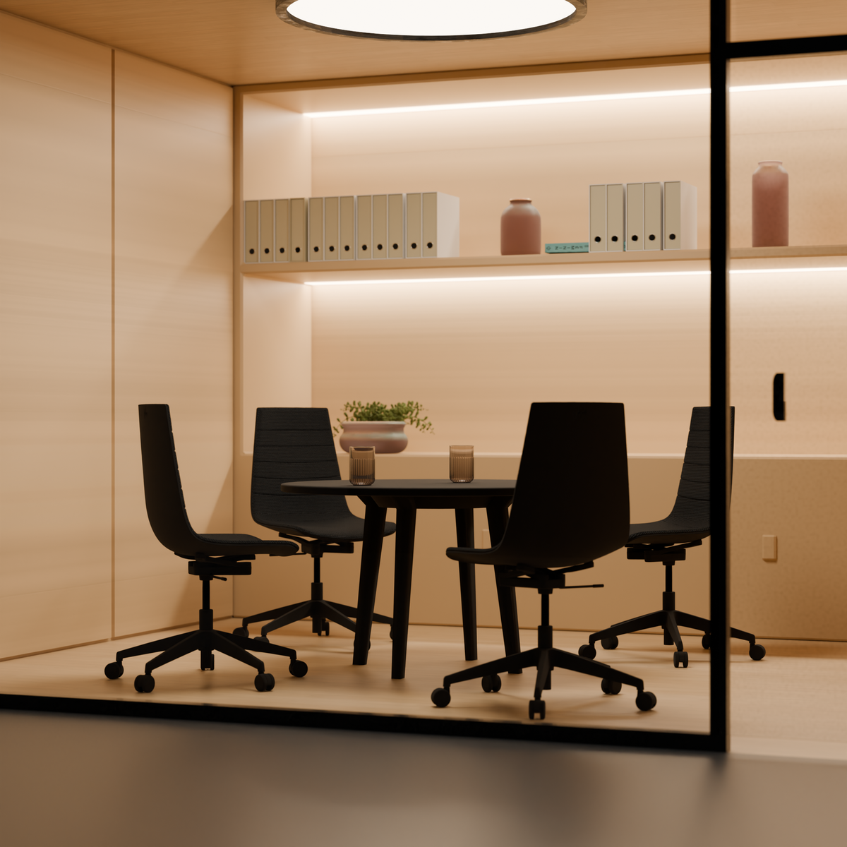 Meeting room with Linu Task chairs in dark grey around a wooden table