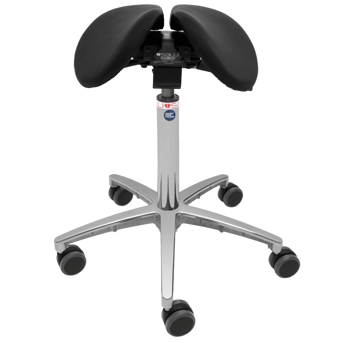 MultiAdjuster saddle chair in black leather with a split seat and castor base