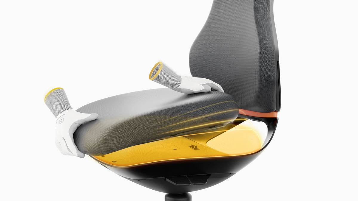 Texon work chair shown with the seat cushion partly removed to reveal the shell