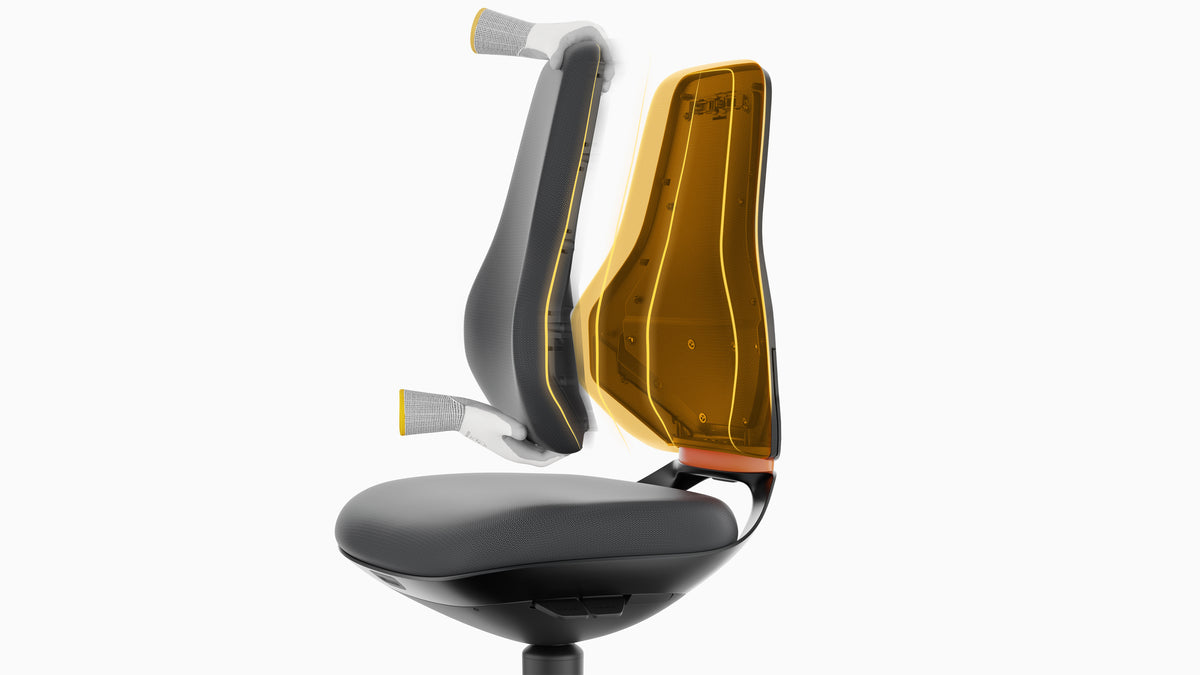 Texon work chair viewed from the rear, showing the orange backrest trim