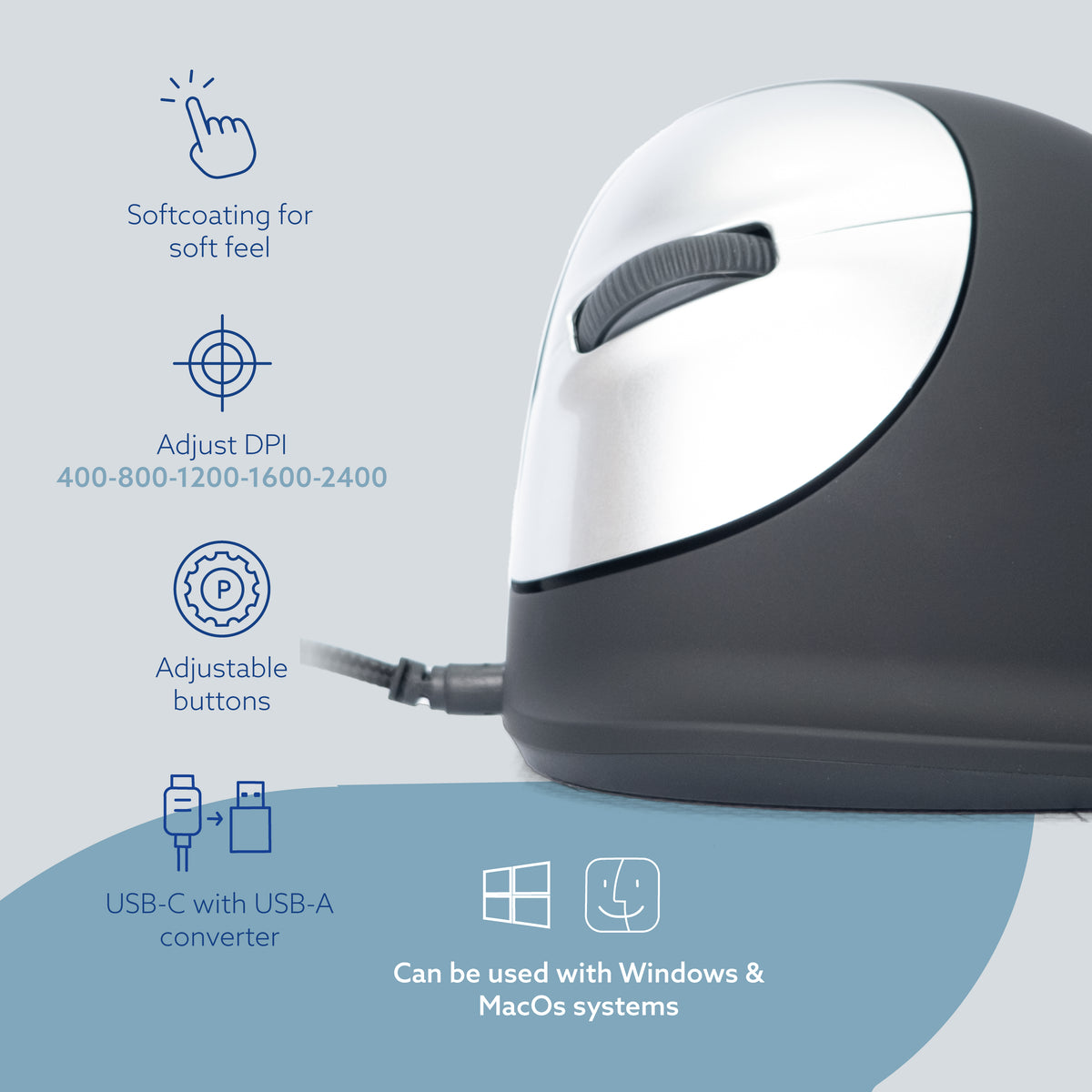 Product graphic listing the HE Mouse features including adjustable DPI