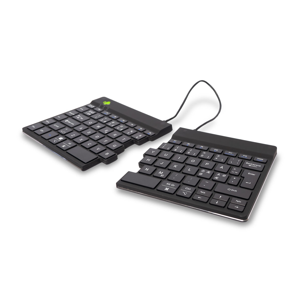 Ergo-R black split mini keyboard shown as two separate halves connected by a cable