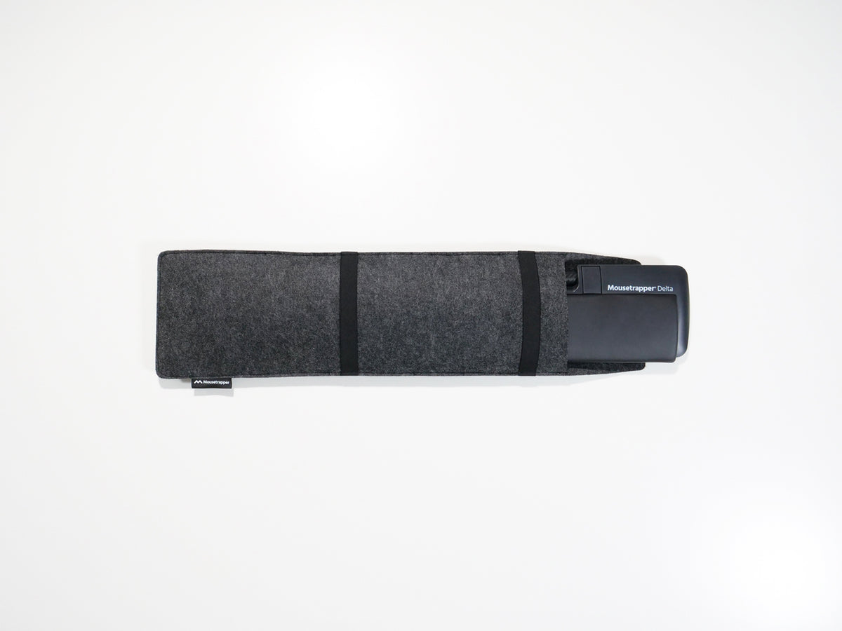 Grey felt laptop sleeve seen from above at an angle