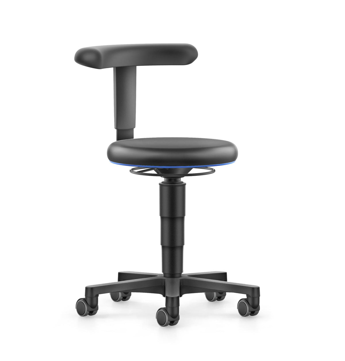 Cleanergo stool with black leather seat, back support and polished five-star base