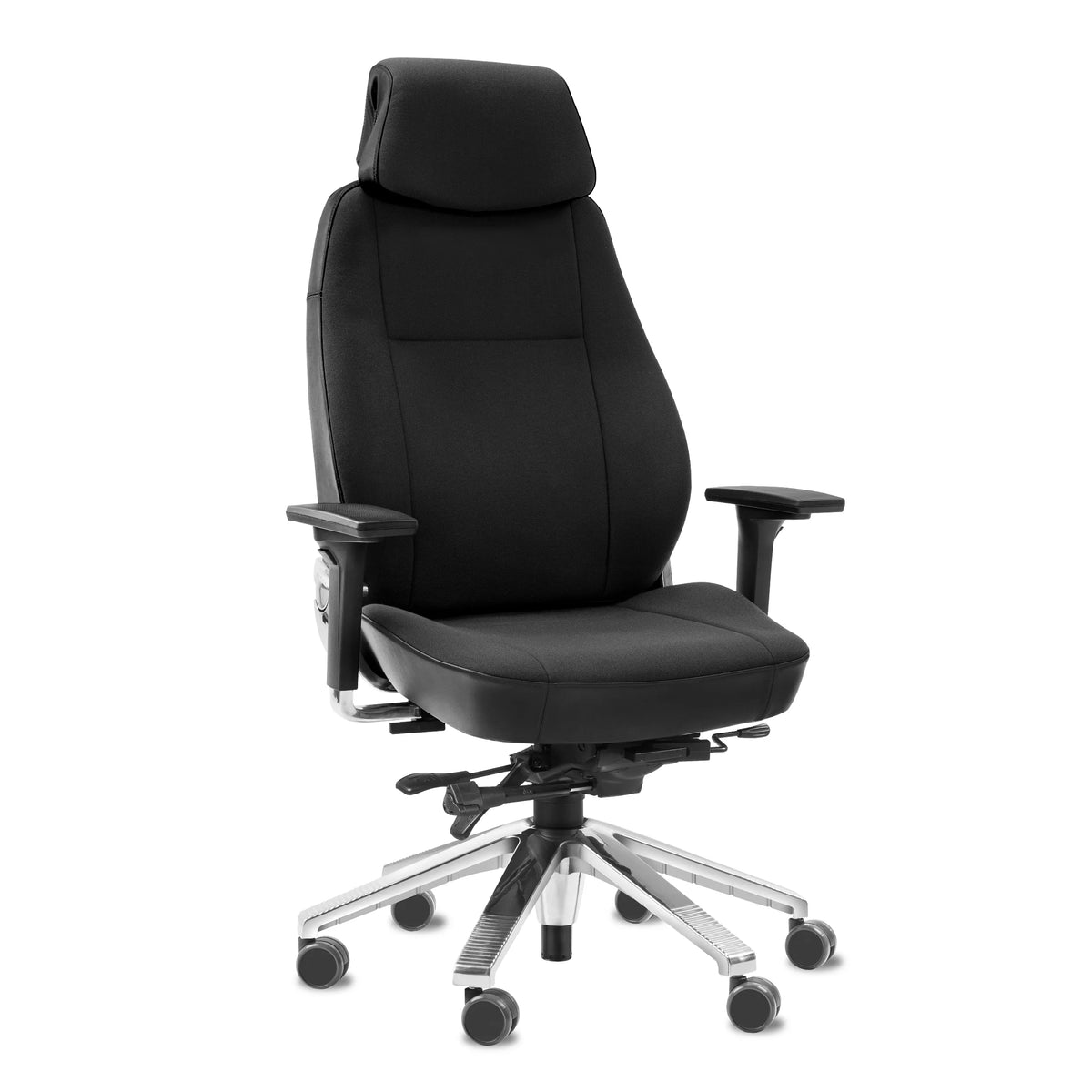 Svenstol S5 24/7 chair in black fabric with headrest and armrests