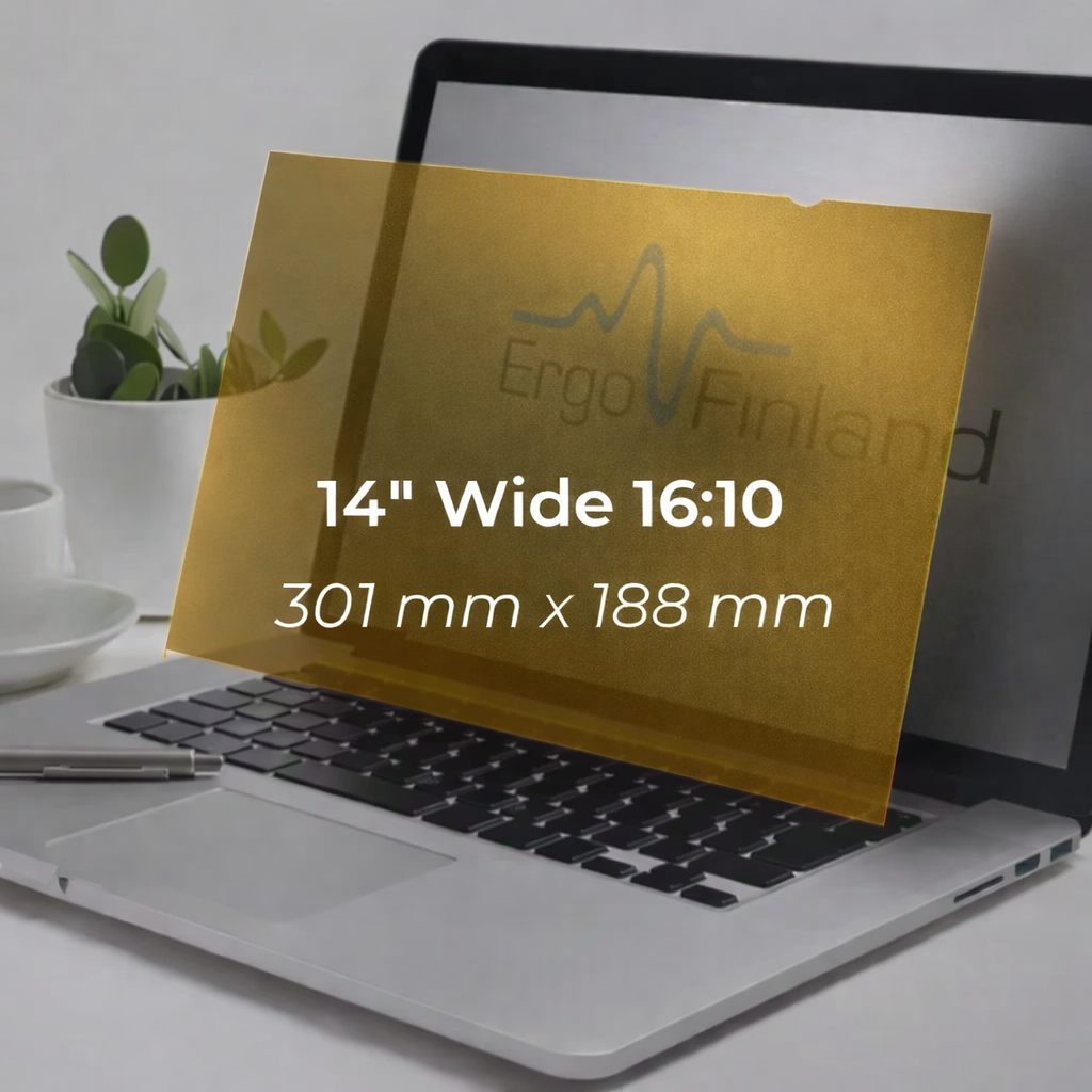 Laptop fitted with a 14 inch 16:10 gold privacy screen, with the size and dimensions labelled