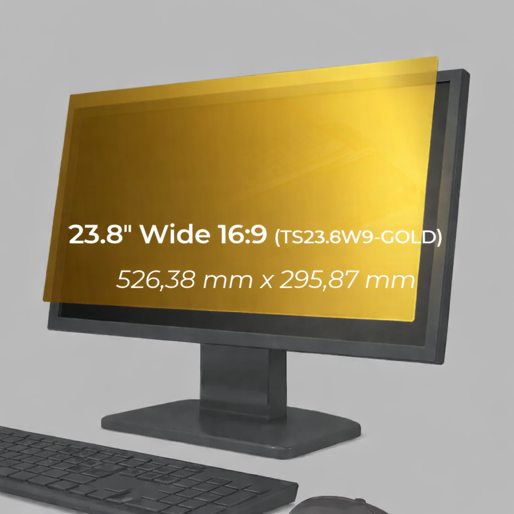 Monitor fitted with a 23.8 inch 16:9 gold privacy filter, with the screen size and dimensions labelled