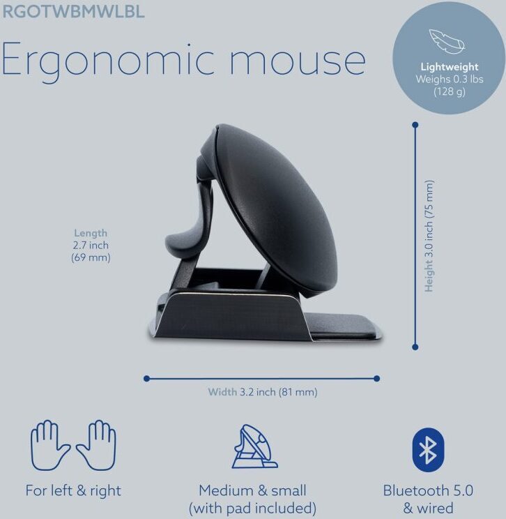 Product graphic showing the R-Go Twister mouse dimensions and Bluetooth connectivity