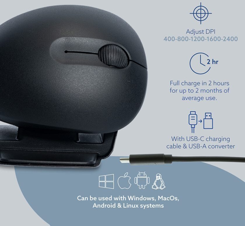 Product graphic showing the R-Go Twister mouse operating system compatibility icons
